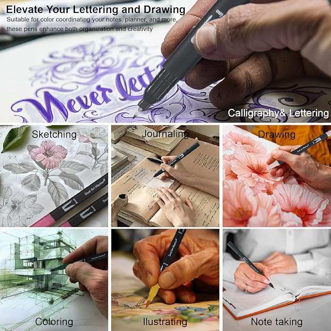 Markers for Adult Coloring Books No Bleeding, Set of 36 Colors, Coloring Pens for Adults, Dual Brush Marker Pens with Fine & Brush Tips, Art Supplies for Drawing, Calligraphy, Sketching and Doodling.