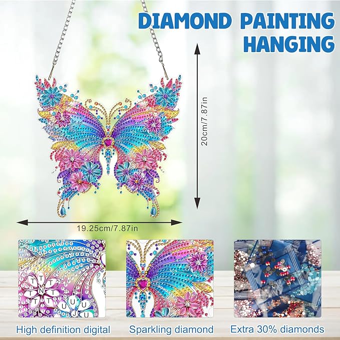 MAXBYE Hanging Diamond Art Kits for Adults Butterfly, Special Crystal Double Sided Pendant DIY Diamond Art Painting Kits for Beginners Gift Wall Home Decoration,Box