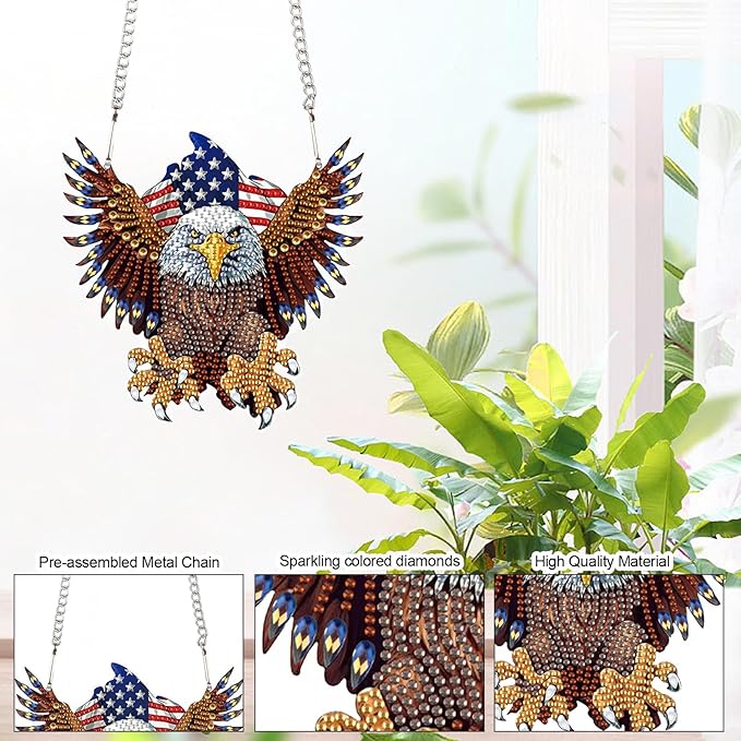 DIY Diamond Art Hanging Kits for Adults, Patriotic American Flag Owl Special Shaped Crystal Diamond Painting Ornament, Acrylic Window Suncatcher Pendant with Chain for Independence Day Home Decor Gift