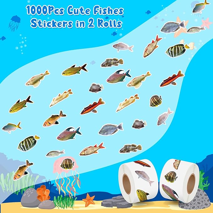 h1vojoxo realistic fishing sticker rolls - 1000pcs fishes stickers for kids 16 designs waterproof fishes stickers for water bottles laptop scrapbook crafts envelopes gifts cute sticker for fish lover