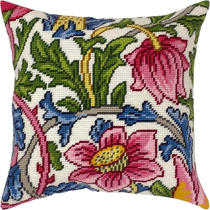 Brvsk Floral Embroidery Kit for Adults and Beginners — Rose by William Morris 16″ × 16″ with Clear, Precise Printed Design on Cotton Canvas; Includes 2 Needles, Yarn, and Easy-Read Chart