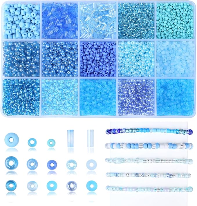 DUQGUHO Blue Beads for Jewelry Making 4mm Blue Glass Seed Beads Kit 15 Color 3mm 2mm Small Plastic Tube Bead for Bracelets Craft DIY