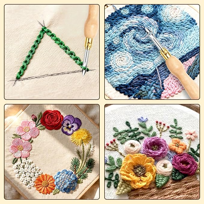 AUGSUN 39Pcs Punch Needle Embroidery Kit, Punch Needle Accessories Set Include Monk's Cloth Cross Stitch Fabric Adjustable Punch Tool for Handicraft Gifts Embroidery DIY Crafting Activity