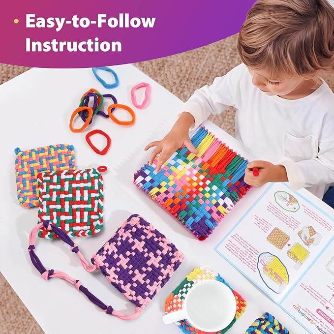 morwant Easter Basket Stuffers for Girls Ages 6-12, DIY Weaving Loom Craft Kit, Spring Break Activity Potholder Maker with 7" Loom & Rainbow Loops, Creative Arts and Crafts Toys Gifts