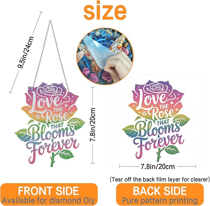 Ginfonr Diamond Painting Kits Hanging Pendant, Rose Diamond Art Kits for Adults, Special Shaped Rhinestone Valentine's Day Diamond Art, Double Sided Hanging Kits for Garden Wall Window 8 x 8 inch