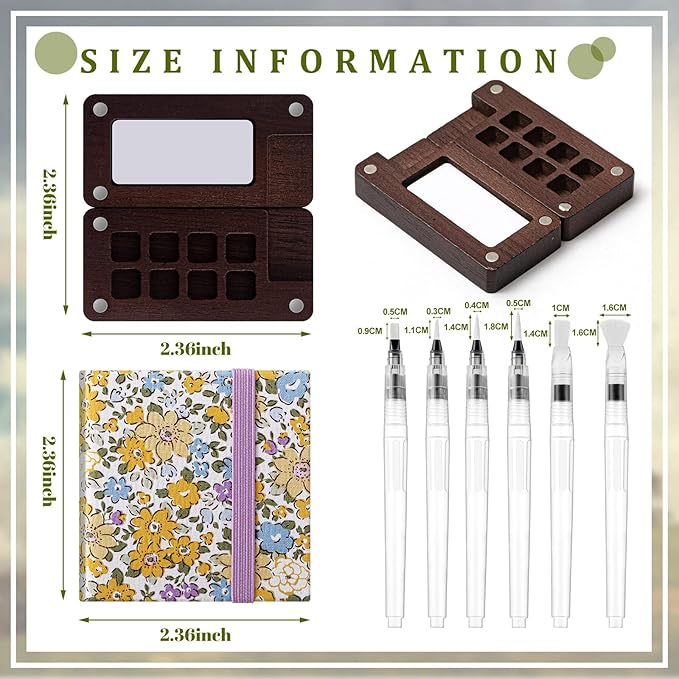 Qilery Mini Portable Watercolor Palette Set Wooden Grid Paint Box Watercolor Paper Sketch Book Brush Pens with Binder Clip for Painters Artist Not Include Paint(Winter Jasmine)