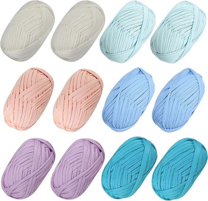12 PCS T-Shirt Yarn Elastic Fabric Crochet for DIY Knitting, Spaghetti Knitting Yarn for DIY Bag Blanket Cushion Crocheting Projects,Home Decor(Blue+Pink+White+Purple+Aqua Blue+Sky Blue)