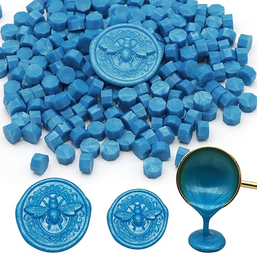 250pcs Wax Seal Beads Sky Blue, Andotopee Premium Sealing Wax Beads for Stamp Seals, Octagon Metallic Seal Stamp Pellets Refill Pack for Wedding Invitation, Letter Envelope, Scrapbook DIY Crafts