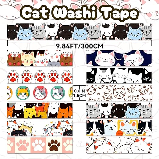 Cute Washi Tape Set, 12 Rolls Kawaii Cat Decorative Tape Cartoon Cat’s Paw Masking Tape for Journaling Supplies, Junk Journal, Scrapbooking, DIY Arts & Crafts, Planners, Gift Wrapping