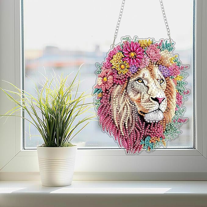 SENQAO Lion Diamond Art Hanging Kits for Adults Kids, Acrylic Diamonds Painting Pendant Board Kit Lion, Diamond Art Painting Window Pendants Home Garden Wall Hanging Kits Hanging Ornament