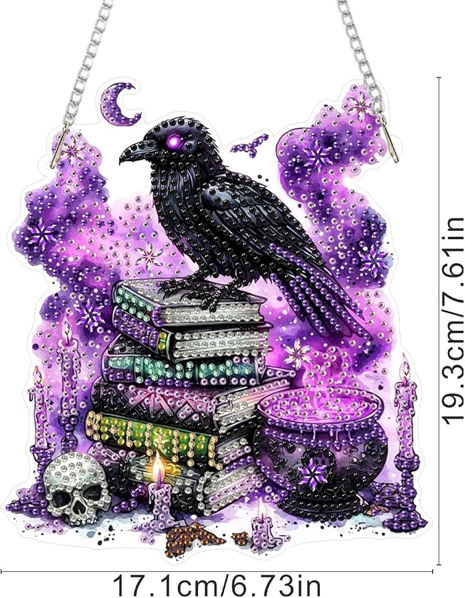 SENQAO Halloween Diamond Art Hanging Kits for Adults Beginners, DIY Acrylic 5D Special Shaped Crystal Diamond Gem Art Painting Hanging Ornament for Home Wall Decor and Gift（Crow Book Skull）