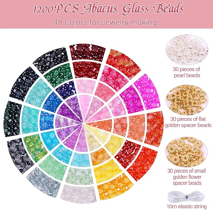 1200PCS Abacus Glass Beads for Jewelry Making, 48 Colors Gemstone Rondelle Beads for Bracelets Making Kit, Crystal Bead for Necklace DIY Crafts, 5x8mm, Solid, Crackle, Gradient Colors