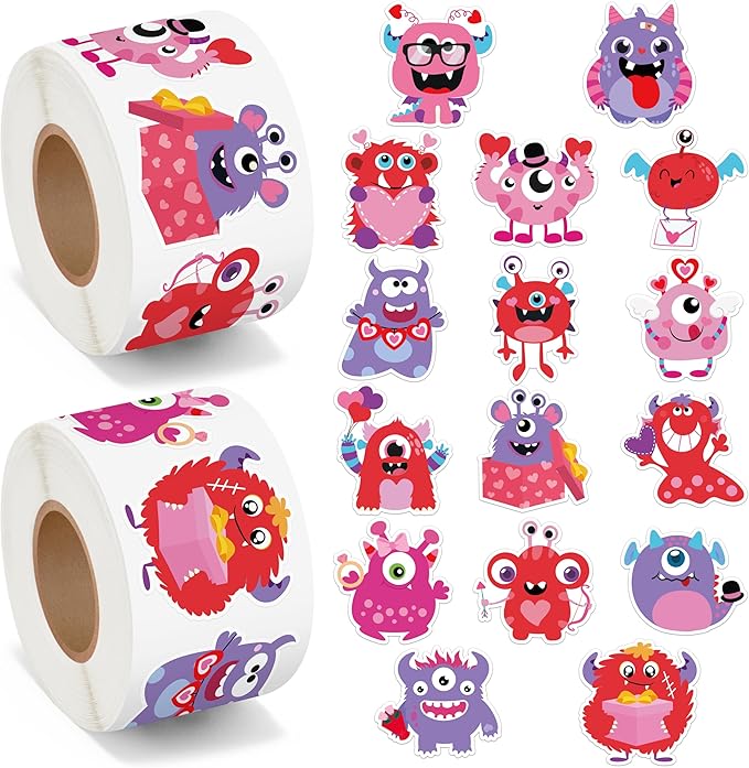 beyumi valentine red monster sticker - 1000pcs valentine's day cute monster stickers in 2 rolls adhesive decorative sticker valentine waterproof decal greeting card envelope party gift decor