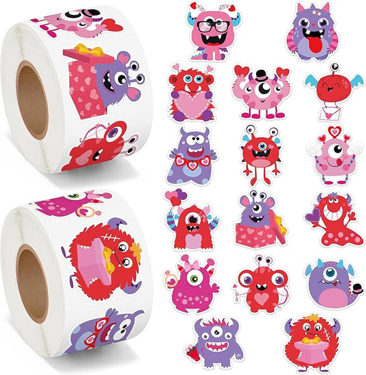 beyumi valentine red monster sticker - 1000pcs valentine's day cute monster stickers in 2 rolls adhesive decorative sticker valentine waterproof decal greeting card envelope party gift decor