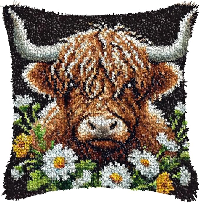 LAPATAIN Latch Hook Kits for Adults,Highland Cattle Pattern Color Printed Canvas DIY Throw Pillow Cover,Beginners Handmade Needlework Crafts Home Decoration 17x17inch NP2