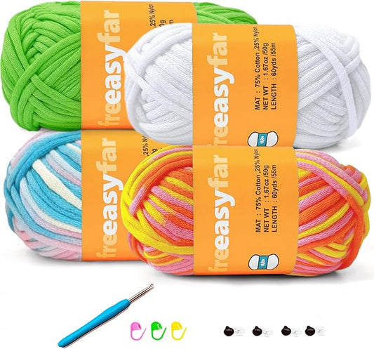 4x50g Beginner Easy Yarn Kit for Crocheting and Knitting; Worsted-Weight Medium #4;Crocheting and Knitting kit with Tool Set (Sunglow+Blue+Green+White, 4 Skein)