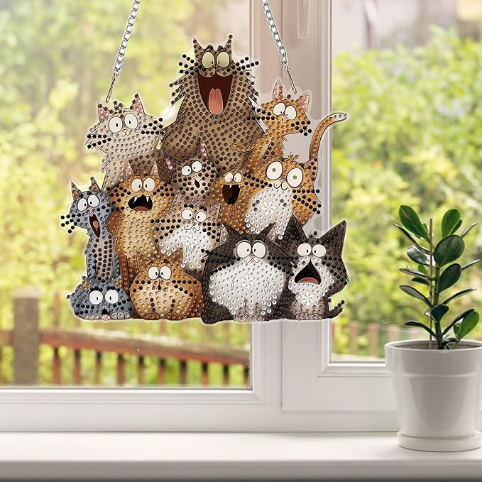 HEIBAGO Cat Diamond Art Hanging Kits for Adults, Diamond Art Suncatchers, 5D Special Shape Diamond Painting Pendant, DIY Window Ornament Gifts for Home Garden Door Wall Decor 8.3 x 8.3 Inch