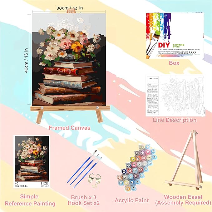 Book Paint by Numbers for Adults with Framed Canvas - with Wooden Easel, Paint by Number on Canvas Flowers, Acrylic Vintage Oil Painting Kit with Brushes Nice Gift Box for Home Wall Decor (12x16 inch)