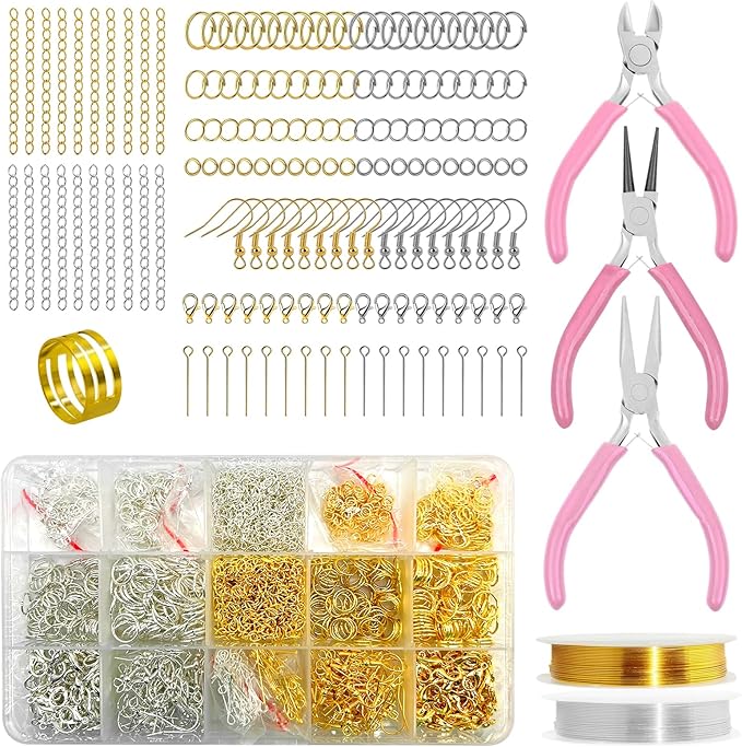 Yauhar 1166Pcs Jewelry Making Supplies Kit Contains Silver & Gold Earring Findings, Lobster Claw Clasps, Necklace Extender Chain, Beading Wire and Jewelry Pliers for DIY and Repair