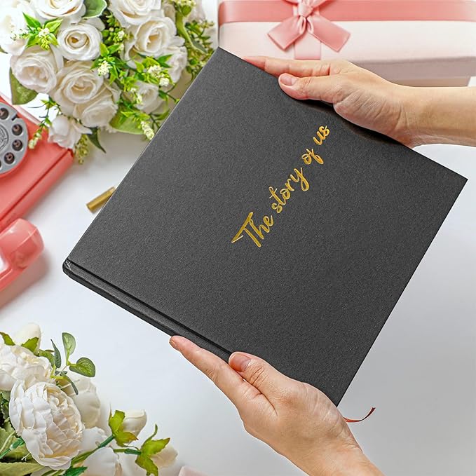 Colarr Hardcover Couples Scrapbook 144 Pages 8.7 x 8.7" Valentine Couples Photo Album Scrapbook Journal for 1 Year Wedding Memory Anniversary Photo Book Gift with 2 Markers(Black)