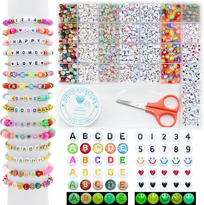 1500 Pieces 6 Colors Letter Alphabet Beads and Number Heart Beads Round Flat and Crystal Line for Jewelry Making