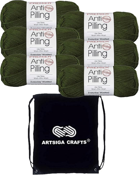 Premier Yarns Everyday Anti-Pilling Solid Pine Green DN100-8 (6-Skeins - Same Dye Lot) #4 Worsted Weight Acrylic Yarn for Crocheting and Knitting with Project Bag