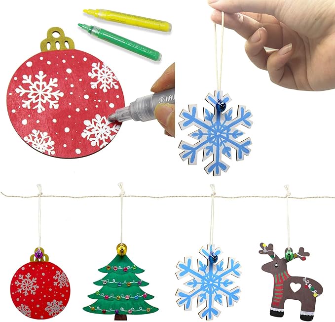 Hidreas 40 Pcs Wooden Ornaments Unfinished Christmas DIY Ornaments Craft Kit, Christmas Wood Ornaments with Bells, Wax Rope and Rhinestone Stickers for Children Arts and Crafts Supplies