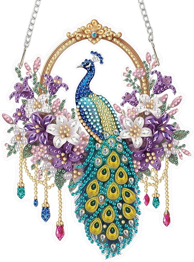 MEIYUDA Peacock Diamond Art Hanging Kits for Adult, Dreamcatcher Diamond Painting Hanging Kits Ornaments, DIY Special Shaped Rhinestone Window Pendants kit for Home Garden Wall Decor Gift