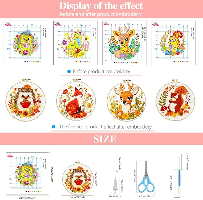 Zhenqing Autumn Animals Cross Stitch Kit - 4-Piece Set with Pre-Printed 11CT 24x24cm Fabric, Hoop & Tools, Fall Theme Animal Designs for Beginners (70412)