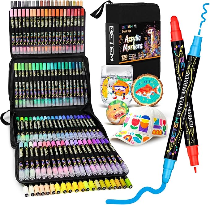 Betem 120 Colors Dual Tip Acrylic Paint Pens Markers, Fabric Decorating Kits Premium Water-Based Acrylic Paint Markers for Fabric, Rock, Wood, Glass, Eggs, Canvas, Ceramic, Easter Basket Stuffers