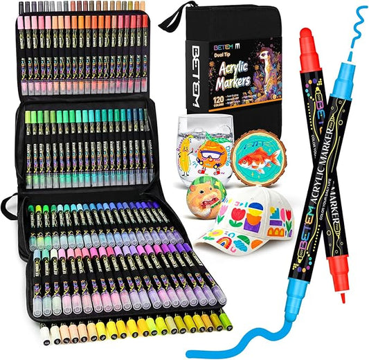 Betem 120 Colors Dual Tip Acrylic Paint Pens Markers, Fabric Decorating Kits Premium Water-Based Acrylic Paint Markers for Fabric, Rock, Wood, Glass, Eggs, Canvas, Ceramic, Easter Basket Stuffers