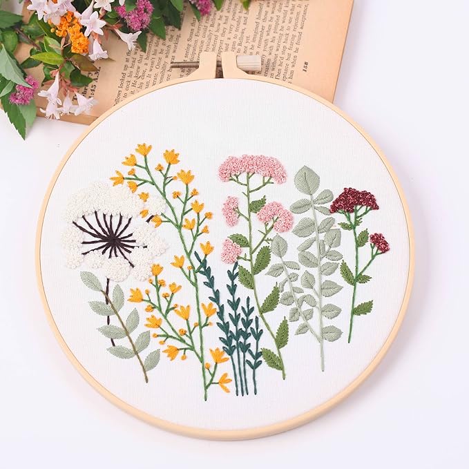 harimau 4pcs beginner embroidery kit,flower pattern,cross stitch kits, including stamped embroidery cloth with 2 embroidery hoops, multicolor color threads for embroidery kit