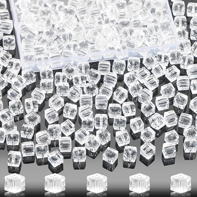 100 Pcs 8mm Cube Crystal Glass Beads for Jewelry Making, Square Crystal Beads with Box, Crystal Spacer Beads for DIY Craft Bracelets Charms Wind Chimes (Transparent)