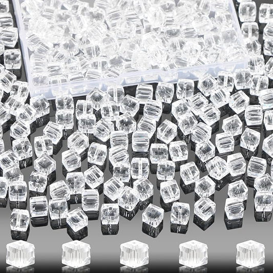 100 Pcs 8mm Cube Crystal Glass Beads for Jewelry Making, Square Crystal Beads with Box, Crystal Spacer Beads for DIY Craft Bracelets Charms Wind Chimes (Transparent)