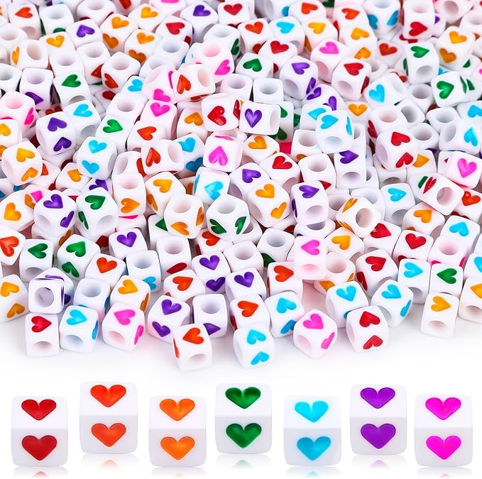 Augshy 1400Pcs Acrylic Colorful Heart Square Cube Beads for Bracelets Necklaces Phone Lanyard Making with 1 Roll Crystal String Cord for Jewelry Making(6mm)