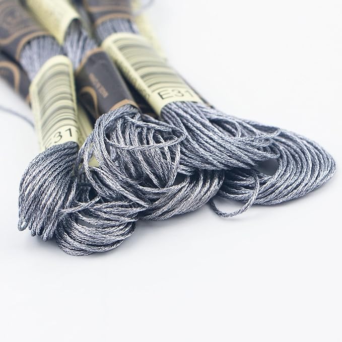 6 Skeins Embroidery Thread, Metallic Grey Embroidery Floss Friendship Bracelet String, Polyester Cross-Stitch Threads for Hand Embroidery, String Art