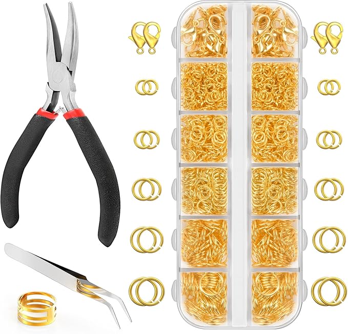 1200 Pcs Jump Rings for Jewelry Making Supplies, Necklace Repair Kit with Plier, Tweezer, Lobster Claw Clasps, Open Rings for Crafts & Keychains (1200Pcs Gold)