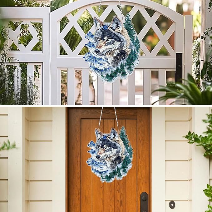MXJSUA Forest Wolf Diamond Art Hanging Kits for Adults Beginners, DIY Acrylic Special Shaped Crystal Diamond Gem Drills Pendant Art Painting Ornament for Home Wall Decor Gift 8x8 inch