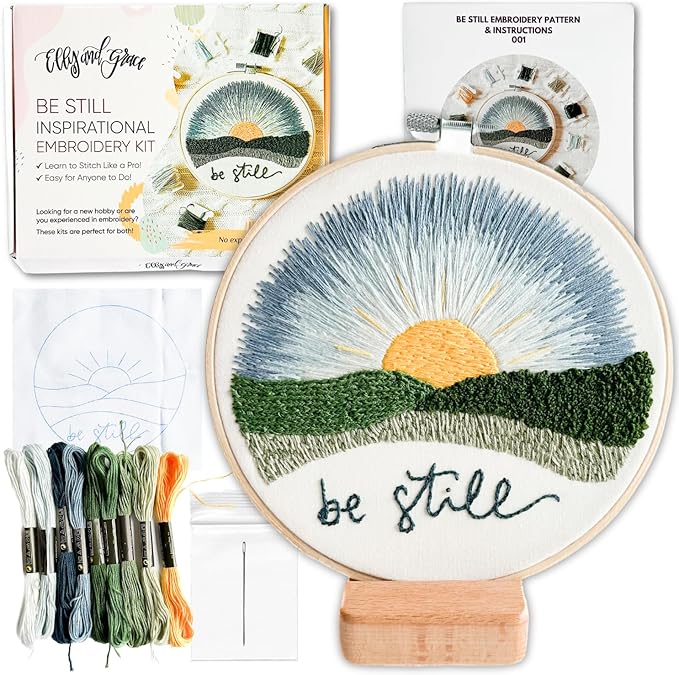 elly & grace christian embroidery kit with embroidery hoop, easy embroidery kit for beginners and adults, full embroidery hoop kit with needles and thread included (be still)