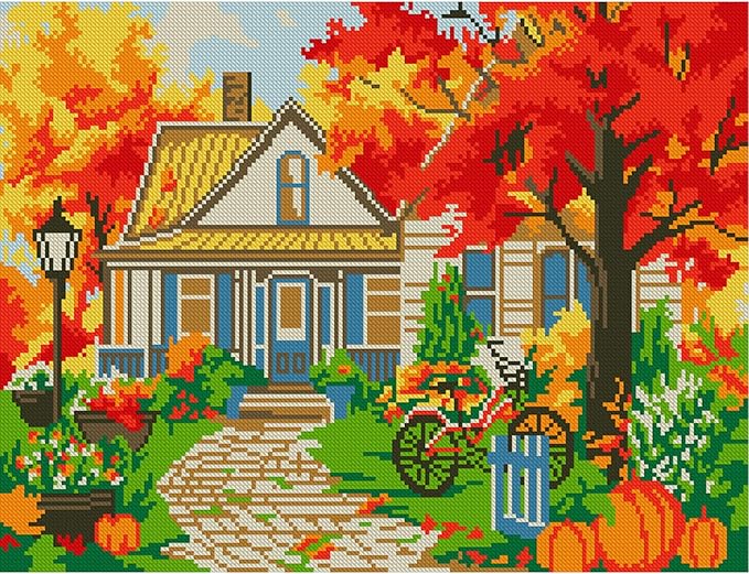 Zhenqing Autumn Maple Forest Cabin Printed Cross Stitch Kit - 11CT 38x48cm with Threads, Needle & Pattern, No Hoop Needed for Beginners(65843)