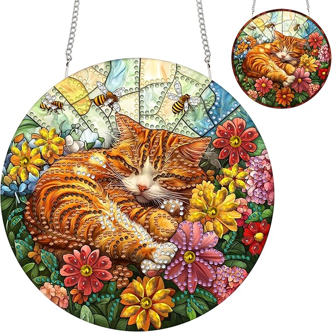Zariocy Hanging Diamond Art Ornament Cat Kits for Adults – Special Crystal Double Sided Pendant, DIY Animal Diamond Painting Acrylic Board Window Pendants Home Garden Wall Hanging Decor 8x8 inch
