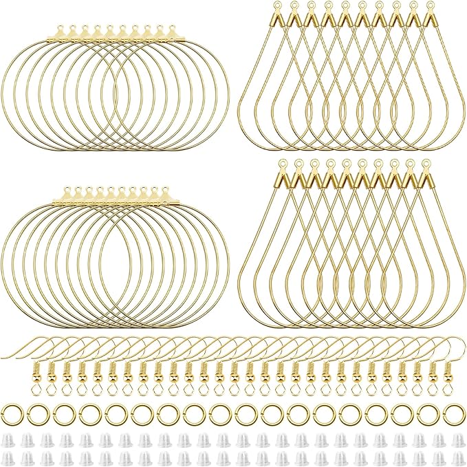 380pcs earring making kit for jewelry making, with teardrop round beading hoop,earring hooks,jump rings,earring backs for diy earrings jewelry craft supplies(k gold, 2 sizes)