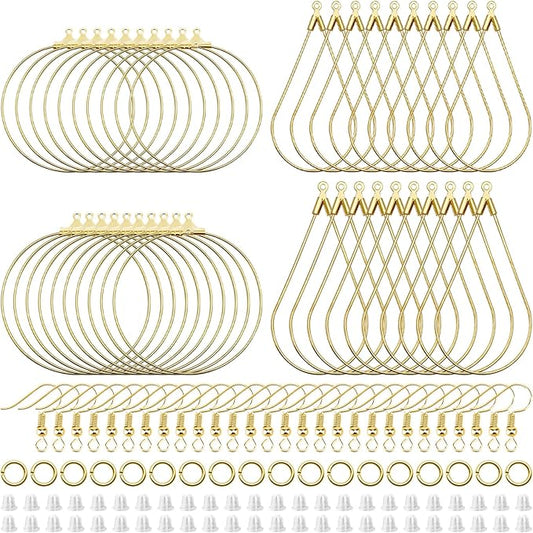 380pcs earring making kit for jewelry making, with teardrop round beading hoop,earring hooks,jump rings,earring backs for diy earrings jewelry craft supplies(k gold, 2 sizes)