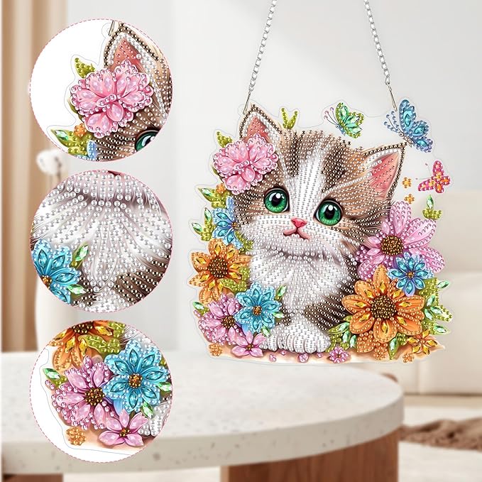 QENSPE Cute Cat Diamond Art Hanging Kits for Adults, 5D Special Shape Diamond Paingting Ornaments Kits with Chain, DIY Flowers Crystal Window Pendants for Home Garden Wall Decor Double Sided 8X8 inch