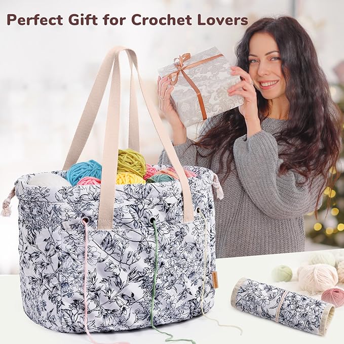MYBAGZING Portable Crochet Bag Organizer with Crochet Hook Organizer Roll, Quilted Yarn Storage Tote with Grommets, Knitting Project Bag for Yarn & Accessories, Floral Craft Tote Gift for Crocheters