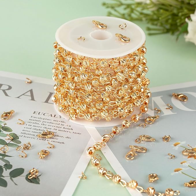 KYUNHOO Gold Plated Brass Chain Bulk on Spool 3 Meters Sparkle Faceted Beaded Rosary Chains for Necklace Bracelet Making DIY Handcraft Finding Supplies with Lobster Clasps and Jump Rings