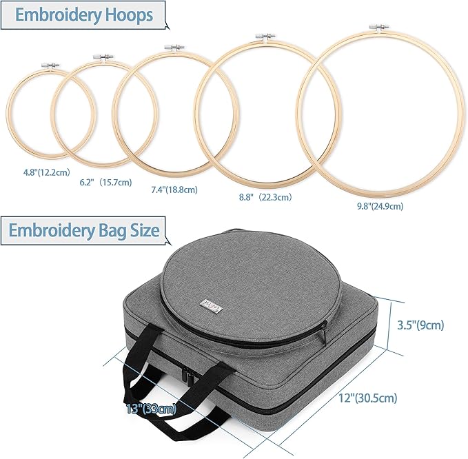 LoDrid Embroidery Kit, Embroidery Project Bag with Embroidery Kit, Portable Craft Carry Case with Starter Kit, Embroidery Supplies Storage Bag and Cross Stitch Kits for Beginners, Adults, Gray