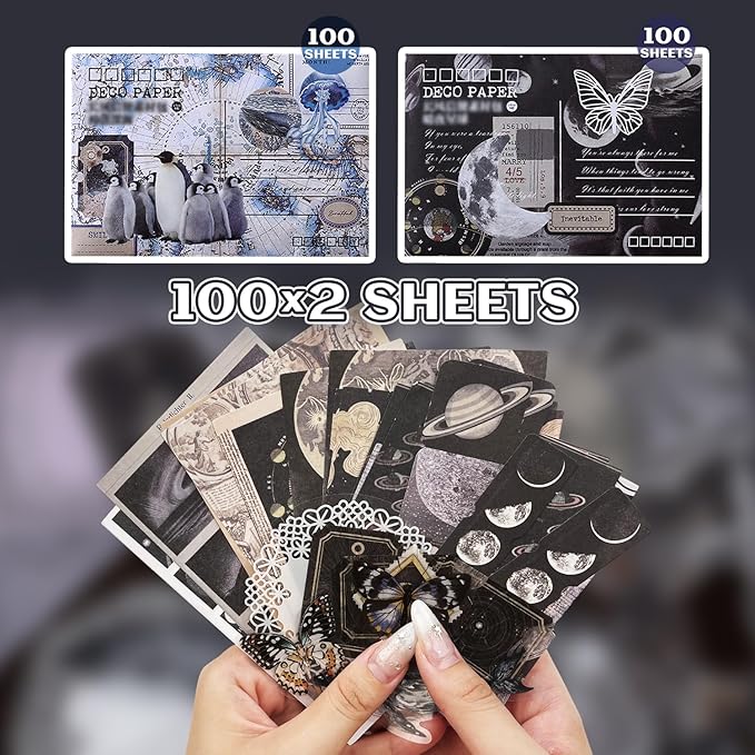 200Pcs Vintage Scrapbook Paper Sticker Kit,Starry Sky and Ocean Underwater Scrapbooking Decals for Junk Journal Supplies Card Making Stationery Album,Collage,As Gift