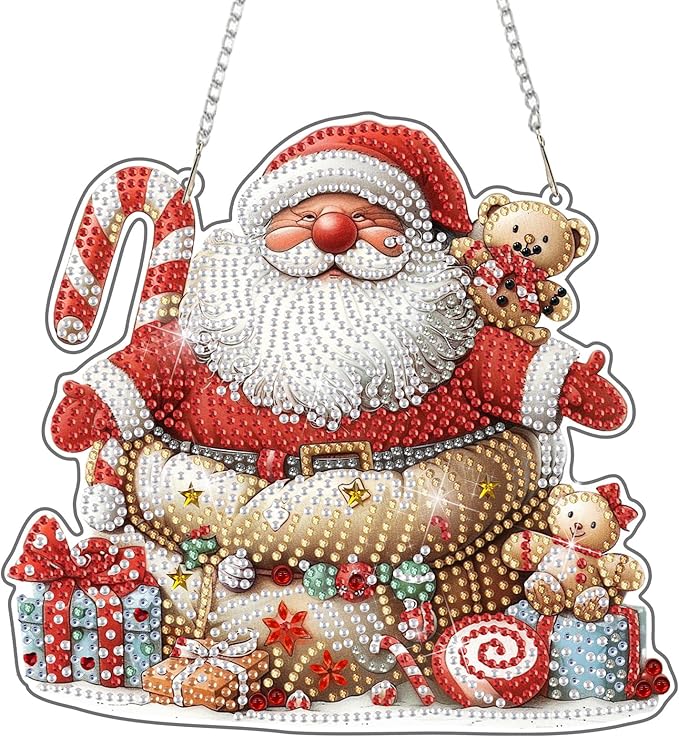 DOMROM Santa Diamond Art Hanging Kits for Adults Beginner, Christmas Special Shaped Crystal Diamond Painting Santa Pendant, DIY Diamond Art Suncatchers for Home Garden Wall Decor Gift
