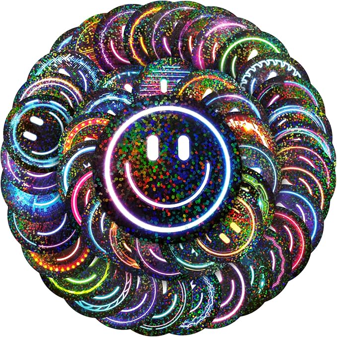 wercokt 50pcs smiling glitter neon stickers, cute water bottle stickers for kids, for teaching rewards, notebooks, stationery, luggage, cartoon pvc happy glitter stickers